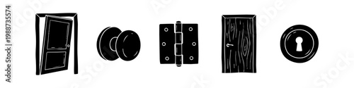 Hand-drawn set of door elements icons featuring an open door, doorknob, hinge, wooden door, and keyhole. Minimalist black and white sketch style for interior design and architectural projects.