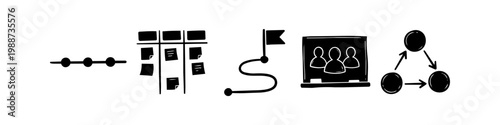 Set of hand-drawn business icons featuring a timeline, kanban board, roadmap, teamwork, and process cycle. Minimalist black doodle style for project management and agile planning.