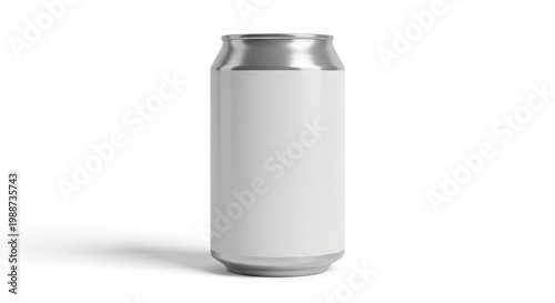 Blank aluminum soda can with white label mockup, matte silver beverage tin for branding, realistic metal drink container for product design isolated on White Background