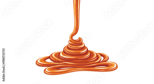 Luscious, golden-brown caramel sauce elegantly drips and pools, forming a delectable swirl perfect for desserts and sweet treats, captured in a vibrant illustration.