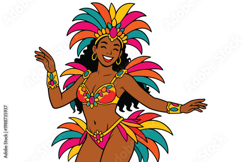 A joyful brazilian carnival dancer wearing a vibrant feathered costume and smiling with delight.