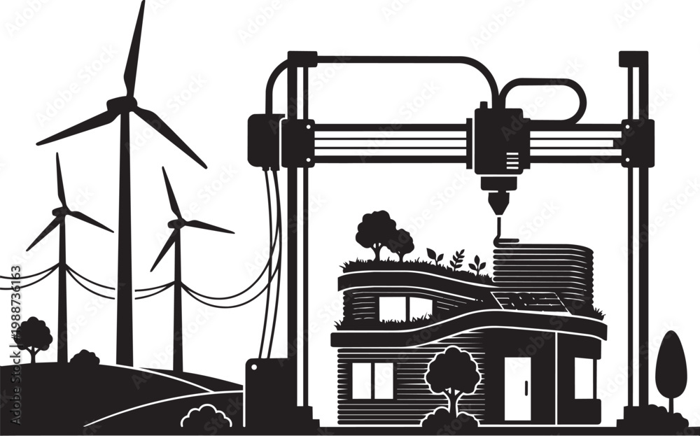 Obraz premium 3d printer making eco-friendly home with turbines
