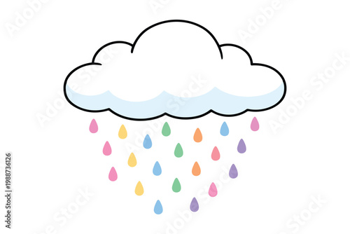 A cute cartoon drawing of a single white cloud raining down colorful little pastel raindrops