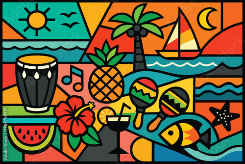 A vibrant cubist mosaic depicting various tropical vacation elements in a colorful art style