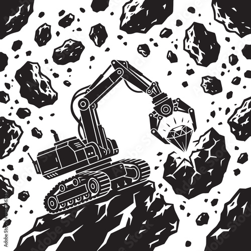 Excavator harvesting diamond from asteroid in space