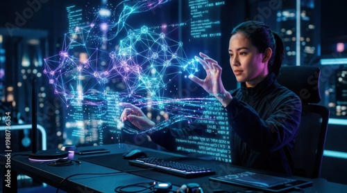Holographic neural network interface floating above a minimalist workspace, intricate geometric patterns and flowing data streams in luminescent blue and purple, hands gesturing