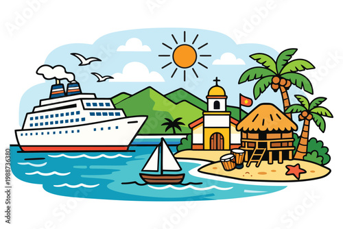 A colorful cartoon illustration depicting a cruise ship near a tropical island with a church.
