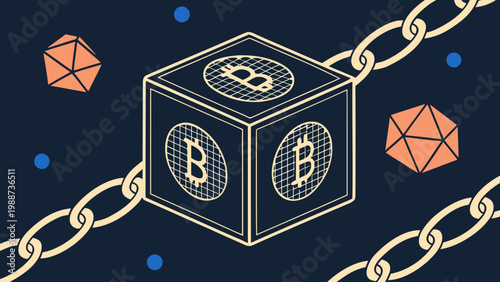 A vector graphic illustration of a Bitcoin block chain icon with a cube and chain design
