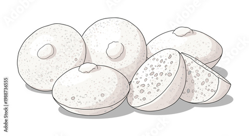 Collection of fluffy white steamed rice cakes (idli) are shown whole and sliced, revealing their porous texture, a staple of South Indian cuisine.