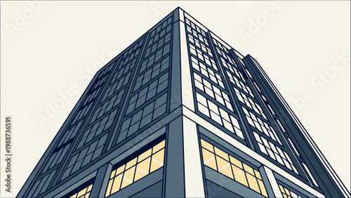 A modern skyscraper building with a sleek design and illuminated windows at dusk