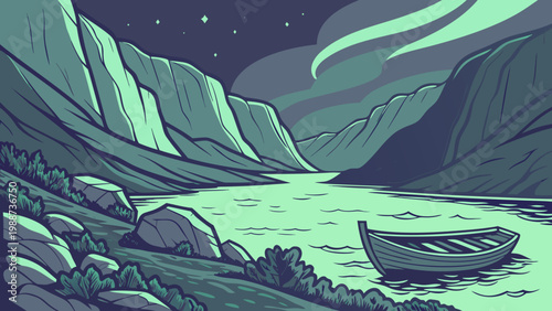 A serene vector illustration of a small boat floating on a tranquil lake surrounded by majestic mountains under a starry night sky.