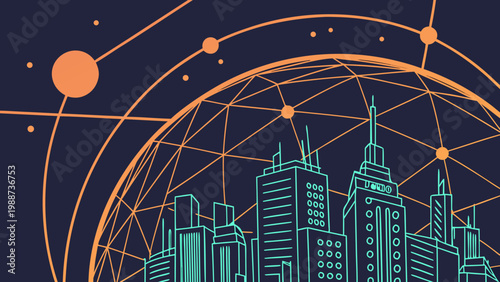 A futuristic cityscape at night with a neon-lit skyline and a geometric network design in the background.