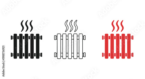 Set of colorful radiator icons in black, white, and red with steam rising
