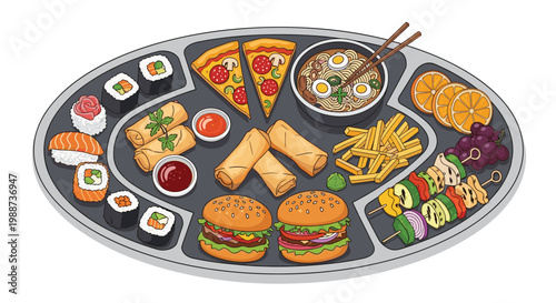 Expansive oval platter overflows with a diverse and delectable selection of international dishes, including sushi, pizza, burgers, ramen, and fresh fruit.