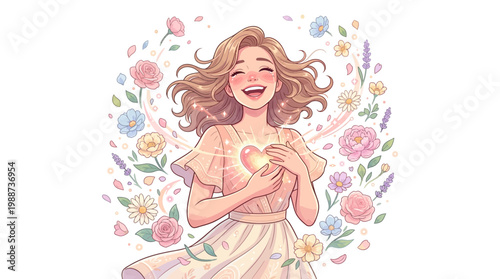 A cheerful young woman holds a glowing heart surrounded by vibrant flowers and sparkles.