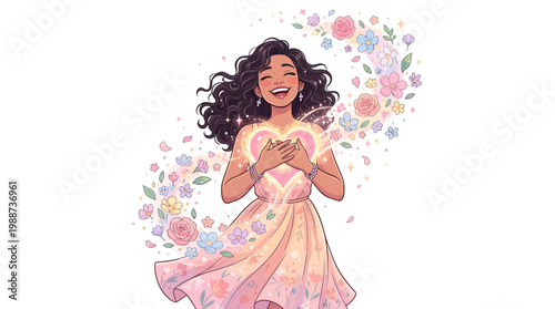 Woman with long hair holds heart surrounded by flowers and sparkles in dress