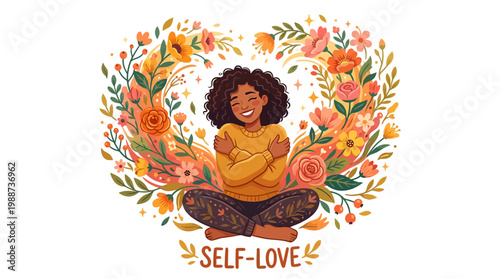 Woman meditates surrounded by vibrant flowers and text reading self-love peacefully