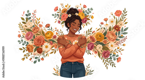 Woman surrounded by vibrant colorful flowers and leaves smiling peacefully