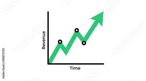 Revenue growth over time depicted by a green arrow graph with increasing trend