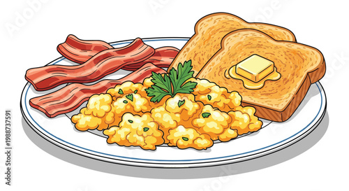 Classic breakfast platter showcases fluffy scrambled eggs garnished with fresh parsley, crispy bacon strips, and perfectly buttered toast slices for a complete meal.