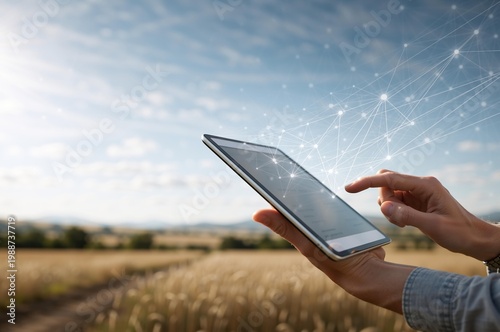Woman holding tablet with floating network connection lines. Digital technology communication over farm field. Wireless internet access and cloud computing concept for global connectivity.