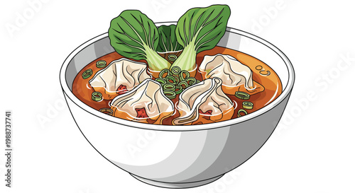 Flavorful bowl of steaming wonton soup, brimming with delicate dumplings, fresh bok choy, and vibrant green onions, offers a comforting Asian meal.