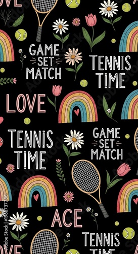Black background with tennis motifs, rainbows, flowers, and motivational text
