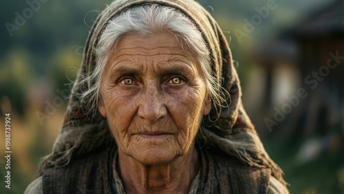 Portrait of Elderly Woman with White Hair and Headscarf - Close-up of Senior Face with Wrinkles