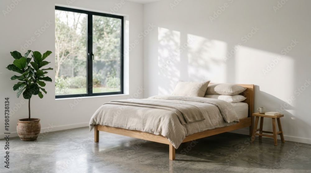Fototapeta premium Serene bedroom with white walls, a single wooden platform bed with neutral linen, soft natural light streaming through a large window casting geometric shadows, one potted plant in