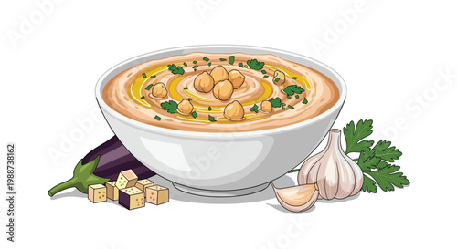 Creamy bowl of traditional hummus, generously topped with whole chickpeas and drizzled with olive oil, is artfully surrounded by fresh eggplant, garlic, and parsley.