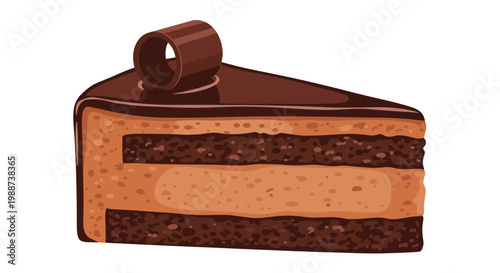 Rich slice of chocolate cake reveals exquisite layers of dark chocolate and creamy mocha filling, elegantly topped with a delicate chocolate curl, a perfect dessert.