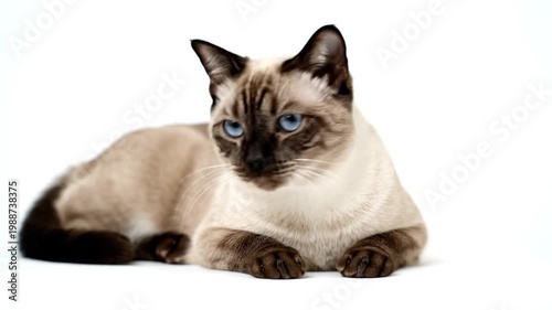Siamese cat with piercing blue eyes on white background