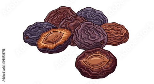 Pile of rich, dark dried prunes is presented with both whole fruits and one perfectly halved, revealing its pit, a sweet and healthy snack.