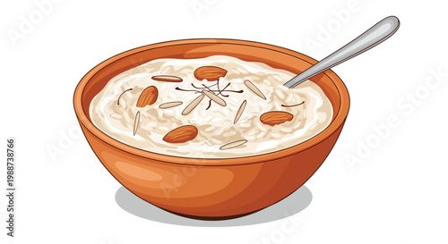 Creamy bowl of traditional Indian kheer, a sweet rice pudding, is elegantly garnished with sliced almonds, fragrant saffron strands, and crushed pistachios, a delightful dessert.