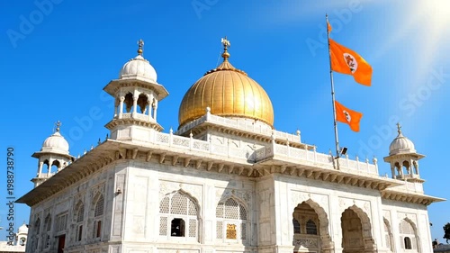 Sikh Gurdwara building with golden dome and orange flags