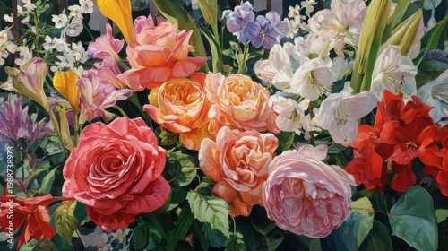 Acrylic painting of a greenhouse bouquet subset with recurring tulips and bold roses as the main subjects, featuring salmon-colored roses, coral/pink roses, and peach roses; white dogwood blossoms on
