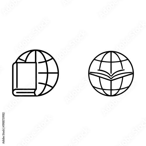 Global Education Line Icons Featuring World Globe with Book Symbols Representing International Knowledge and Academic Connectivity