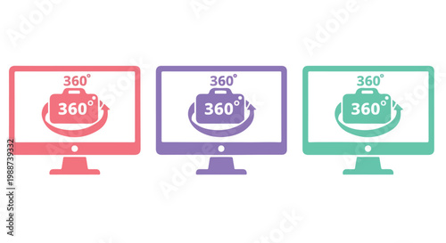 Three colorful computer monitors displaying 360 degree view icons on screen