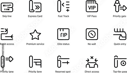 Airport and Travel Access Service Icons Keywords: skip line, express card, fast track, VIP