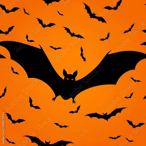 Black bats flying on a gradient orange background, Halloween themed