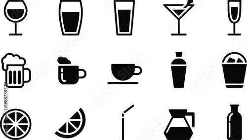 Assorted Drinkware and Beverage Icons Keywords: wine glass, beer mug, cocktail glass, coffee cup