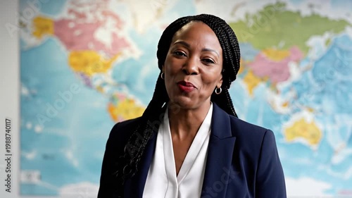 Smiling African American businesswoman in office with blurred world map