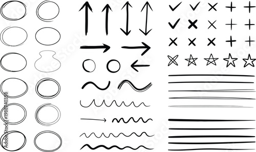 Hand drawn circles arrows checkmarks crosses stars and lines Keywords: hand drawn, circles