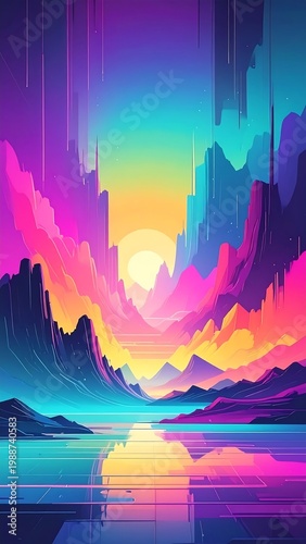 A vibrant, colorful landscape of mountainous terrain with a central sun, reflected in water at the image's base. It is full of hues