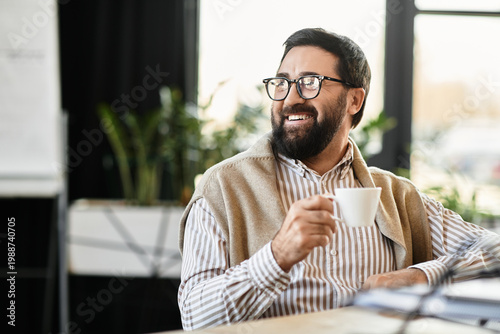 Valokuva Handsome adult man enjoys coffee break in modern office setting with greenery