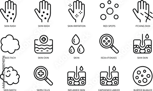 Medical Skin Condition Icons Set Keywords: skin rash, itching, irritation, red spots, blisters