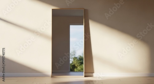Full length mirror reflecting a bright interior with natural light and greenery