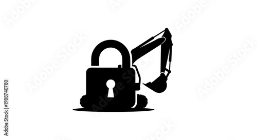 Black silhouette of excavator breaking lock.