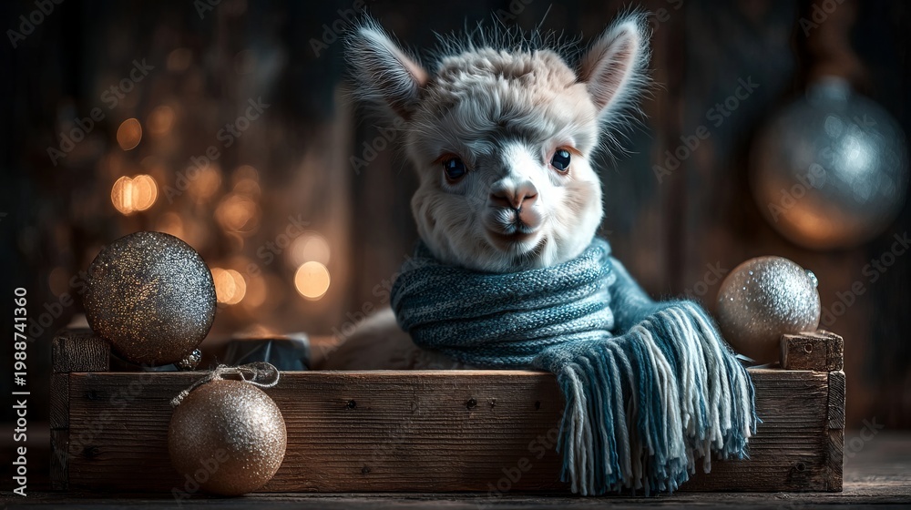 Fototapeta premium Alpaca Wearing Scarf Sitting Inside Decorated Wooden Box with Ornaments