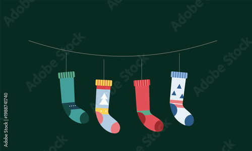 Christmas socks hanging on a clothesline, festive holiday stockings with winter patterns, colorful wool hosiery on dark green background vector